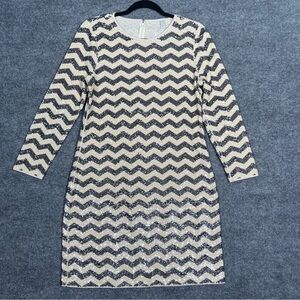 J‎ Crew Women’s Small Ivory Black Sequins Chevron Zig Zag Longsleeve Event Dress